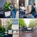 Delivery service with plants transported on electric cargo bike, featuring friendly interaction between cyclists and customers.