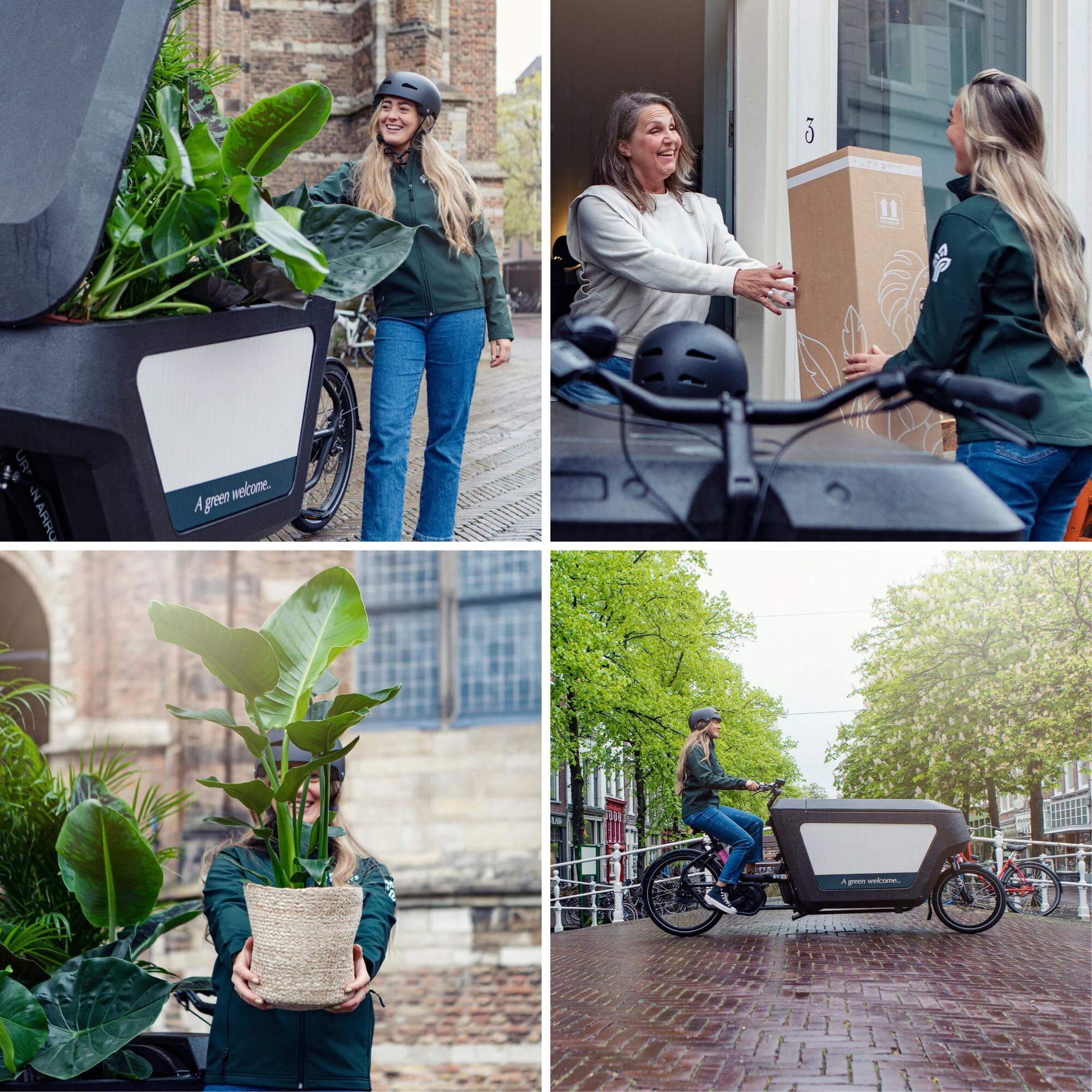 Delivery service with plants transported on electric cargo bike, featuring friendly interaction between cyclists and customers.